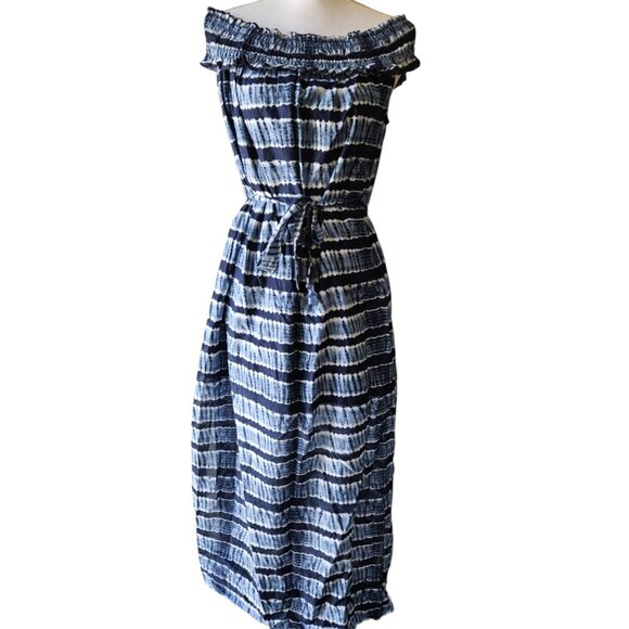 NWT Michael Kors Women's Striped Off-Shoulder Chambray Maxi Dress - Picture 2 of 6